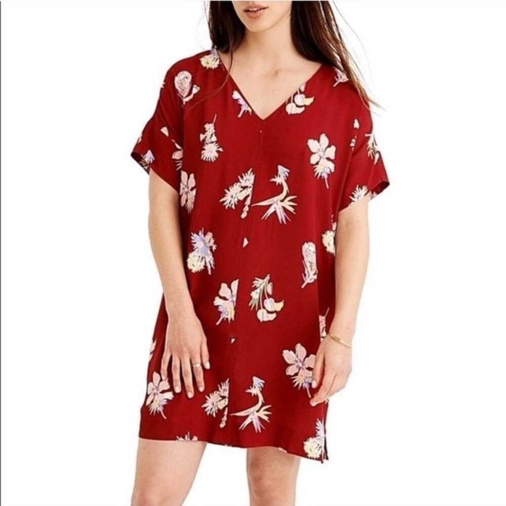 Deep Crimson Madewell Novel Bird Of Paradise Dress‎ In Tropical Floral
